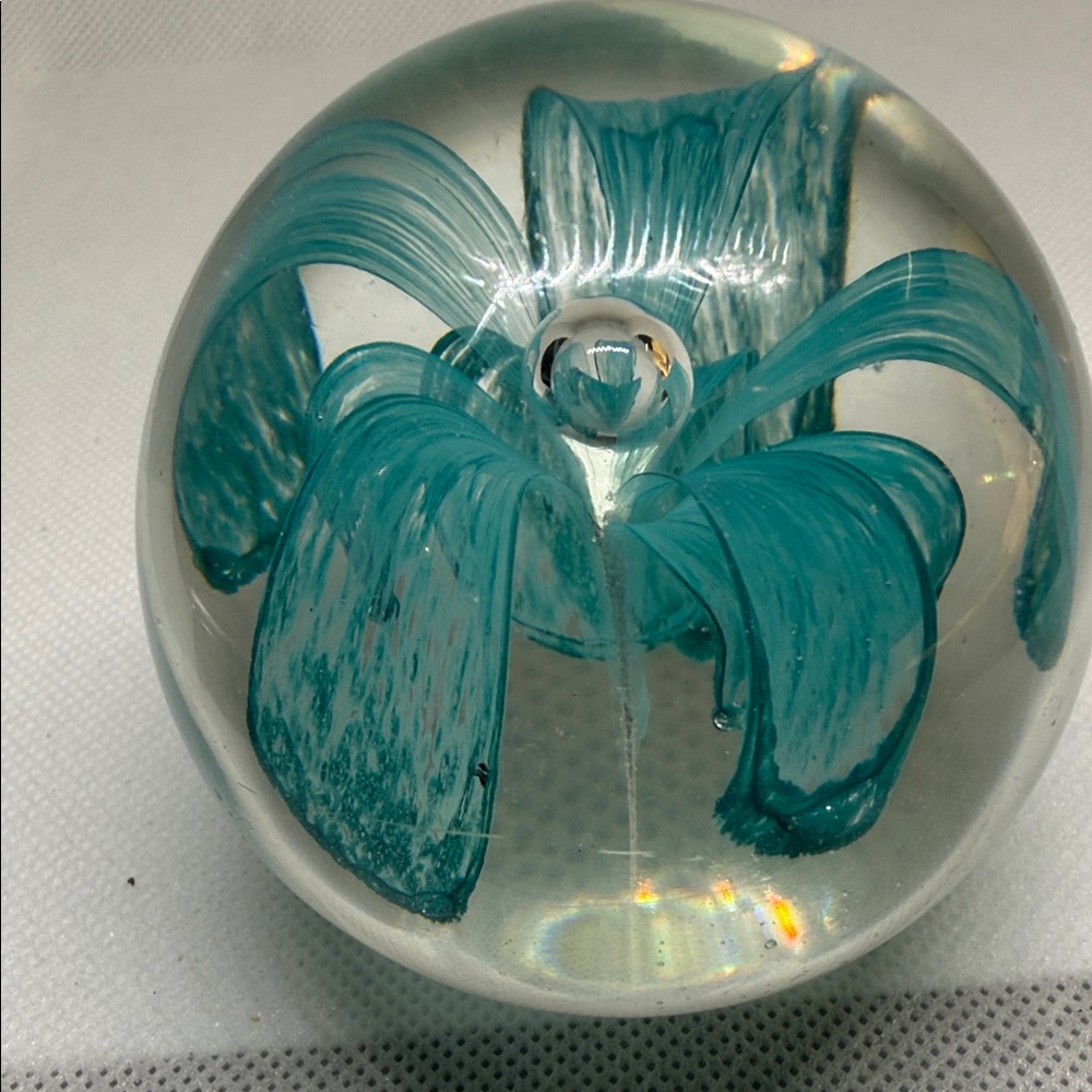 Glass Art Paper Weight Sphere with Teal Floral Design 2 Inches Tall - Picture 8 of 11